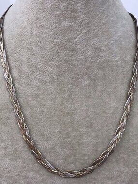 925 Silver Tricolor Braided Herringbone Italy Necklace 9.84g 18.25” Long